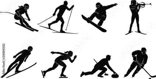 Winter Sports Athlete Silhouette Collection Featuring Skiing Snowboarding Curling and Ice Hockey