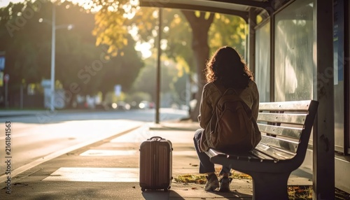 Woman with Suitcase Waiting at Bus Stop During Golden Hour Sunset, Reflecting on Travel and Journey