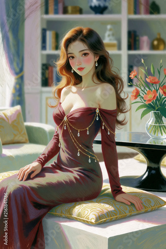 Fantasy Woman in Burgundy Dress Digital Illustration
