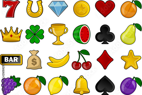 set of slot machine symbols. collection of classic slot machine symbols. flat casino icons