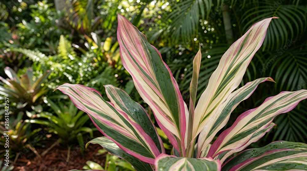 Obraz premium Close Up Visual Of Tropical Shrub Displaying Variegated Pink Cream And Deep Green Leaves In Backyard Garden variegated leaves tropical foliage ornamental shrub pink green leaves botanical close up