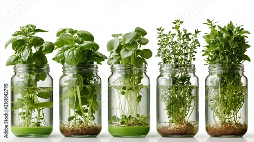 Hydroponic Herb Jars with Fresh Leafy Greens Growing - Close-up