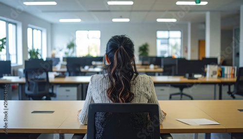 Businesswoman sitting at her desk in a modern, empty office, seen from behind, preparing for work or meeting.