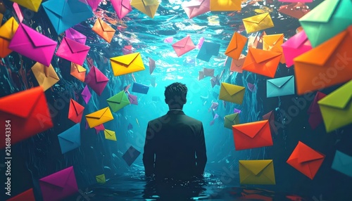 Businessman Drowning in Colorful Underwater Envelopes: Communication Overload Concept