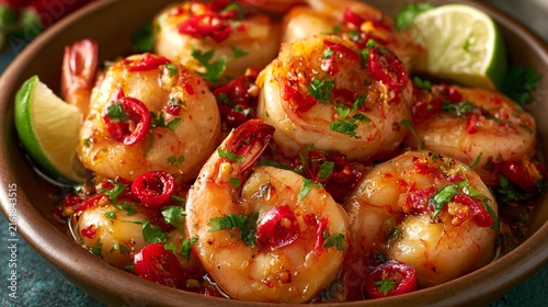 Spicy Garlic Shrimp with Chili and Lime in Bowl Close-Up