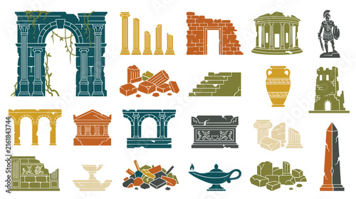 Ancient Greek Roman Ruins Architecture Icons - Flat Glyph Style