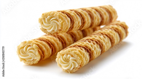 Delicious Striped Rolled Wafer Sticks with Vanilla Cream Pattern Isolated