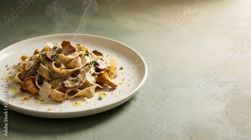 Creamy mushroom pasta with chanterelles on a plate, gourmet Italian food photography.