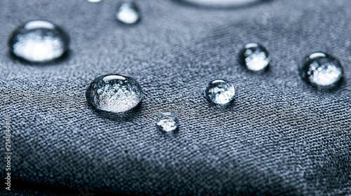 Close-Up of Water Droplets on Gray Waterproof Fabric Surface Texture