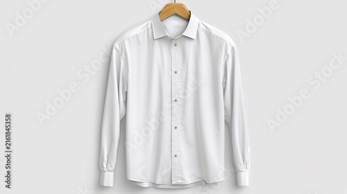 Elegant White Formal Dress Shirt Hanging on White Background
