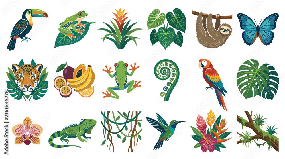 Obraz premium Tropical Animals and Plants Vector Icons - Flat Design Jungle Wildlife Illustrations