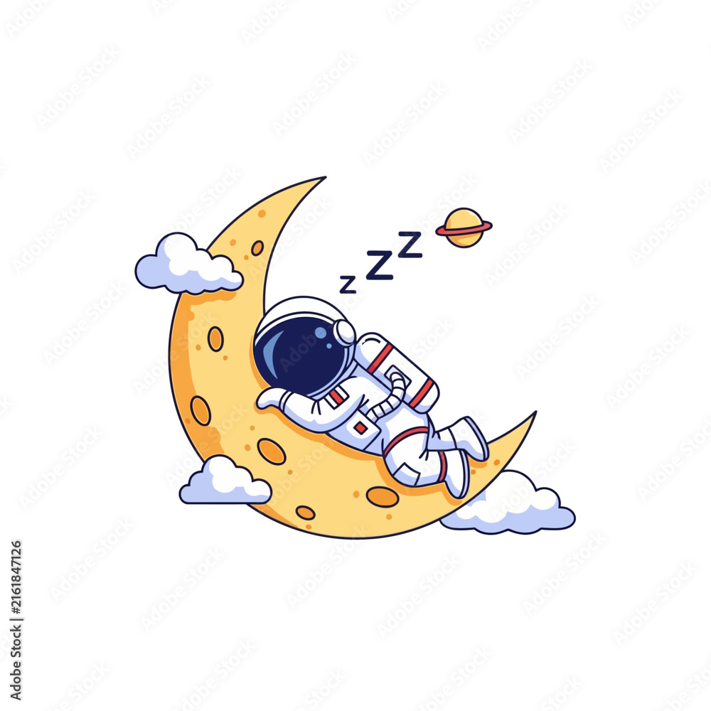 Fototapeta premium Cute Cartoon Astronaut Sleeping on Crescent Moon Vector Illustration