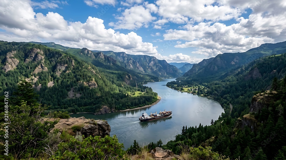 Fototapeta premium Large cargo ship sailing through a scenic river surrounded by mountains