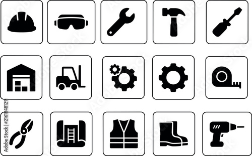 Industrial engineering tools and construction safety equipment square button glyph icon vector setIndustrial engineering tools and construction safety equipment square button glyph icon vector set