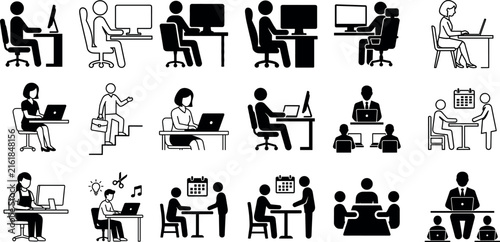 Office workplace computer users and business meeting stick figures black vector icons.