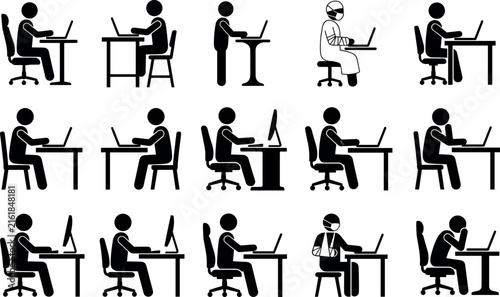 Office workstation and computer workspace computer users stick figures black vector icons.
