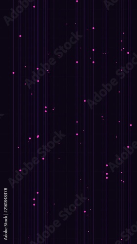 Abstract purple rain lines falling with digital glowing dots on dark black background clip.