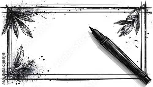 A black marker pen rests on a white surface with scattered ink droplets and faint lines in.