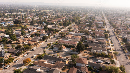 Sunset aerial view of a neighborhood near downtown Azusa, California, USA.