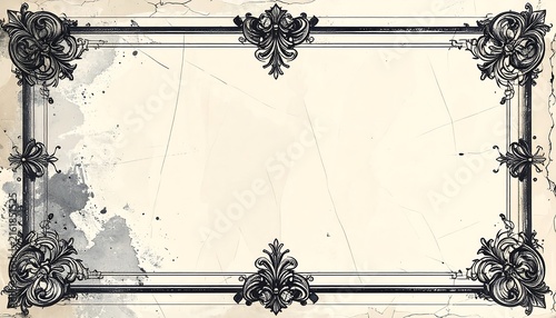 Vintage beige paper background featuring elegant black ornate filigree borders.