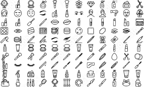 Make-up and cosmetic line icon set 1. Included the icons as beauty, woman face, lipstick, eyeshadow, eye liner foundation, tools and more.