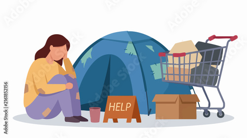 Картината върху платно Concept of homelessness and poverty with distressed person and makeshift shelter