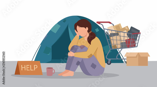 Bild auf Leinwand Homeless woman sitting on street next to tent and shopping cart with help sign