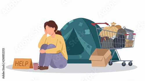 Foto Homeless woman sitting by a tent with a shopping cart and 'HELP' sign
