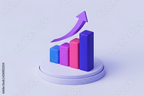 3D business growth bar chart with upward arrow representing financial success