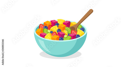 Fresh Colorful Fruit Salad in Turquoise Bowl Vector Illustration