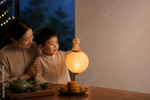 Mother and child holding glowing paper lantern indoors