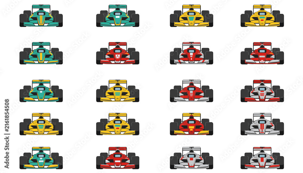 Naklejka premium Grid of formula one racing cars in diverse colors and liveries viewed from the front position.