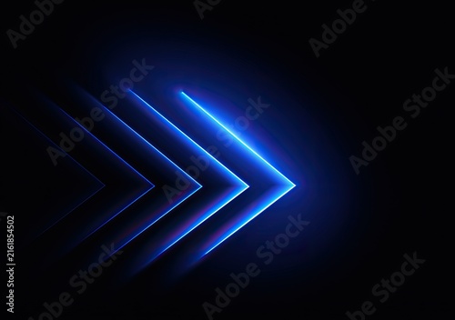 Neon blue arrows form layered chevron shapes on a black background