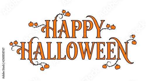 Happy Halloween text with small pumpkins and vines on white background festive greeting concept