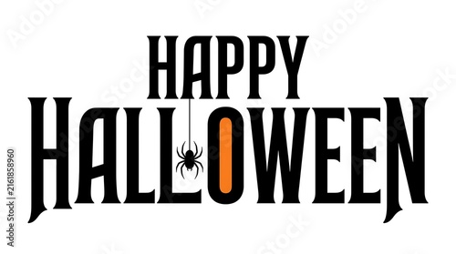 Happy Halloween text with spider hanging during autumn celebration on white