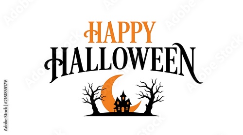 Happy Halloween text with spooky moon and haunted house silhouette for holiday celebration