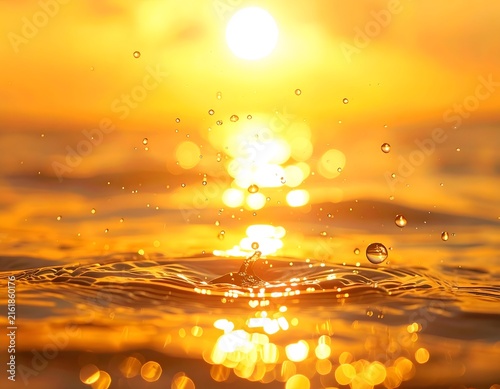 Golden sunset over ocean water with splashing and droplet reflections