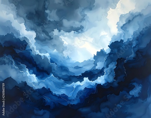 Abstract painting of swirling blues, resembling clouds and sky. Light breaks through center