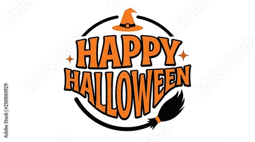Happy Halloween text with witch hat and broomstick graphic for seasonal celebration