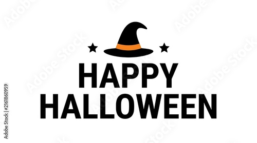 Happy Halloween text with witch hat and stars on white background vector graphic for holiday celebration