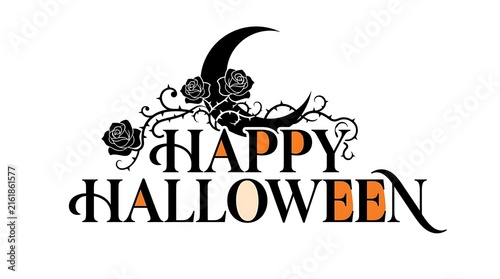 Happy Halloween typography with moon and roses on white background with ornate swirls