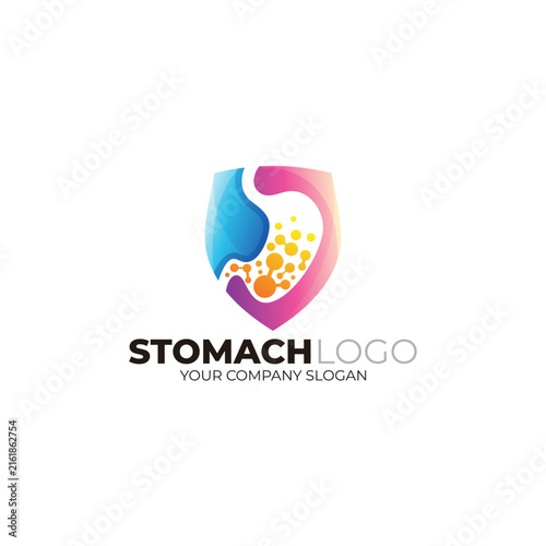 A logo representing human stomach safety, featuring a stomach icon and a shield combined into one.