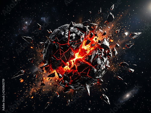 Exploding obsidian planetoid shattering in deep space with glowing magma core