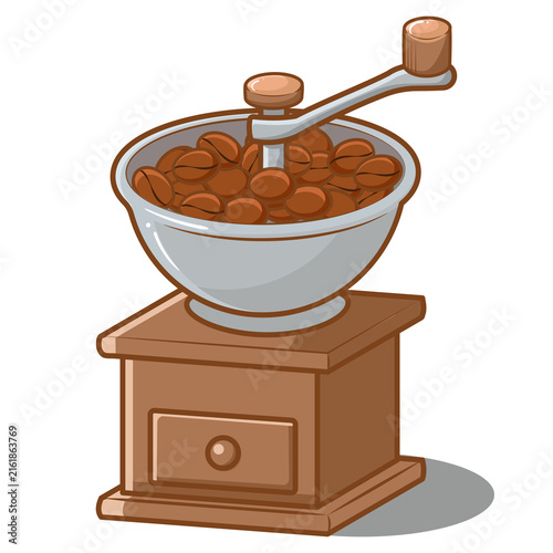 Fotografie Cartoon Manual Coffee Grinder with Coffee Beans Isolated on Transparent Backgrou
