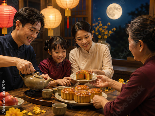 Family Celebrating Mid-Autumn Festival with Mooncakes and Tea