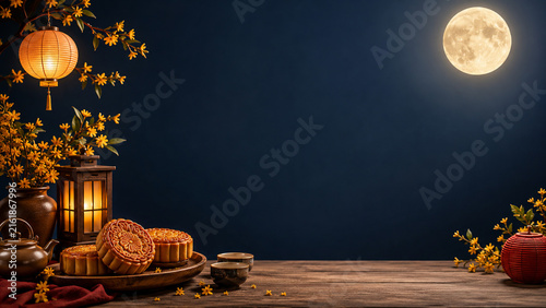 Mid Autumn Festival Mooncakes Under the Full Moon