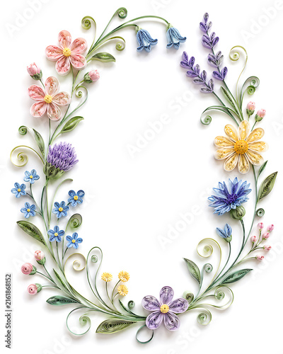 A decorative floral wreath frame made with colorful paper quilling artwork on white.