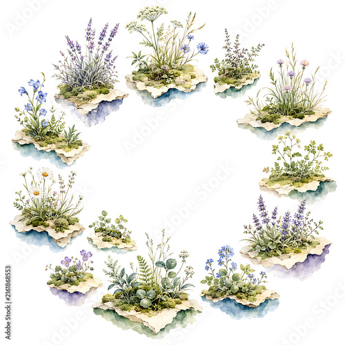 A watercolor illustration of various wildflowers and plants arranged in a circular wreath.