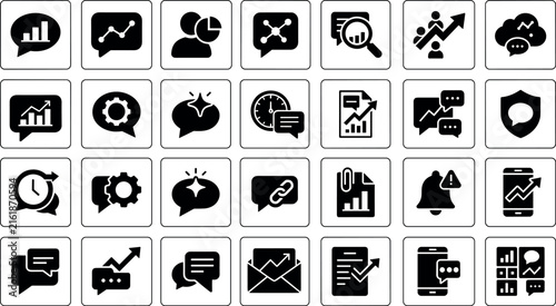 Business communication data analysis and messaging flat black vector icons set.Business communication data analysis and messaging flat black vector icons set.