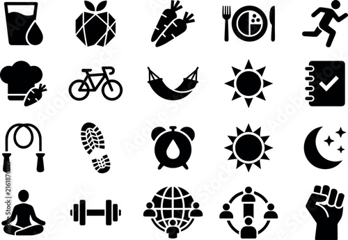 Healthy lifestyle fitness and wellness flat black vector icons set collection.Healthy lifestyle fitness and wellness flat black vector icons set collection.